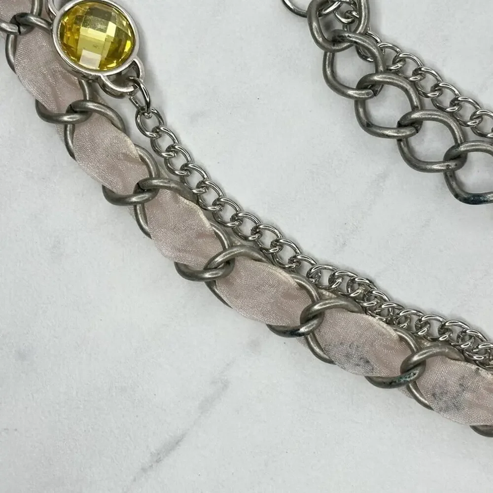 Pink Flower Rhinestone Silver Tone Metal Chain Link Belt Size Large L XL